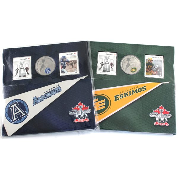 Pair of 2012 Canada 25-cent CFL Toronto & Edmonton Coin and Stamp Sets, 2Pcs (Crease) Online now