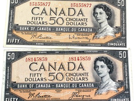 Pair of 1954 Canada $50 Notes, Modified Portrait, Both Sigs., A H & B&H, Circ, 2Pcs Discount