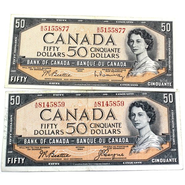 Pair of 1954 Canada $50 Notes, Modified Portrait, Both Sigs., A H & B&H, Circ, 2Pcs Discount