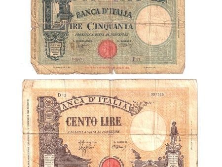 Pair of 1942 & 1943 Italy 50 & 100 Lire Notes, VG to VF (Damaged) Online Sale