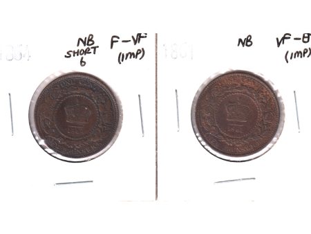 Pair of 1861 & 1864 Short 6 New Brunswick 1 Cents, VF-EF & F-VF, 2Pcs (Impaired) on Sale