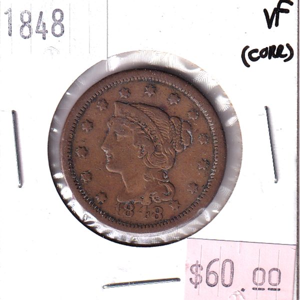 1848 United States Cent in Very Fine (VF-20) impaired. Sale