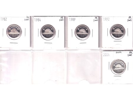 Lot of 5x 1982, 1984, 1989, 1992 & 2004 Canada 5cts Proof (1x Silver), 5Pcs (Impaired) Supply