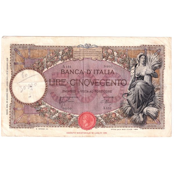 1939 Italy 500 Lire Note, VF-EF (Damaged) Discount