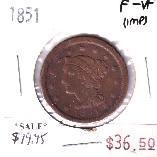 1851 USA Penny, F-VF (Impaired) on Sale