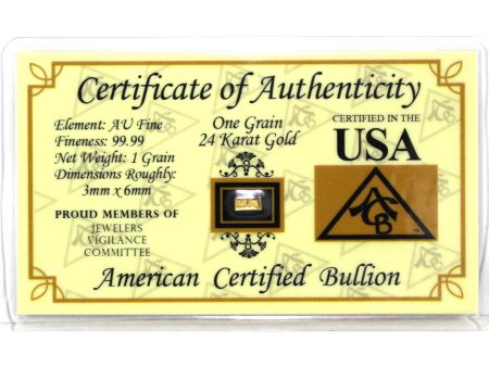 1 Grain .9999 Gold in American Certified Bullion Certificate (No Tax) Fashion