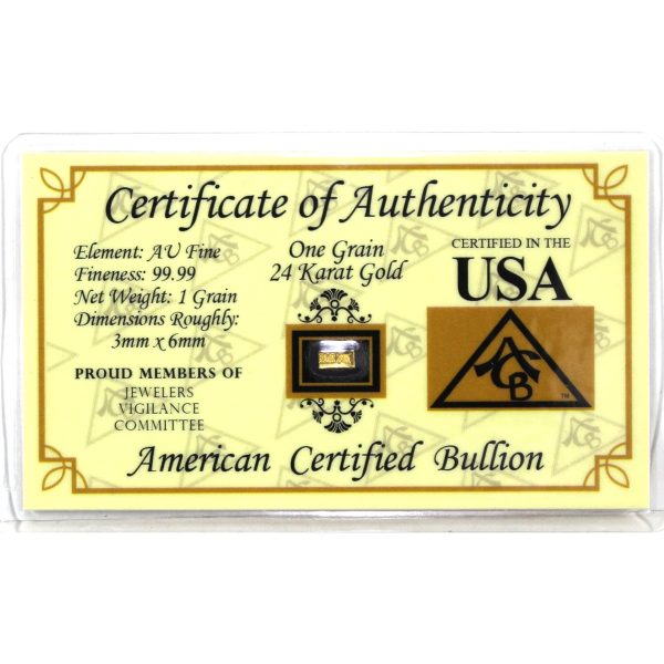 1 Grain .9999 Gold in American Certified Bullion Certificate (No Tax) Fashion