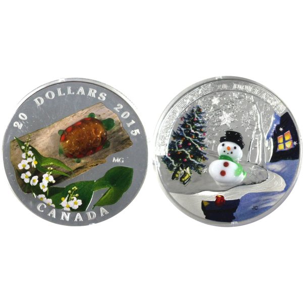 Pair of 2016 & 2017 Canada $20 Glass Snowman & Turtle Fine Silver, 2Pcs (Impaired) Discount