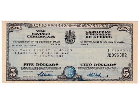 1944 Canada $5 War Savings Certificate, Named Ernest M Jones Discount