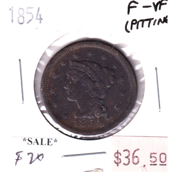 1854 USA 1-Cent, F-VF (Pitting) For Sale