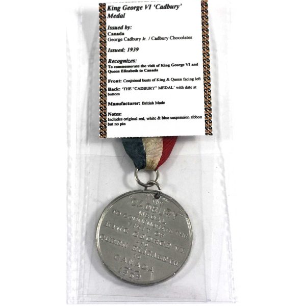 1939 Cadbury Medal Commemorating Royal Visit to Canada, with Ribbon (Marks) Fashion