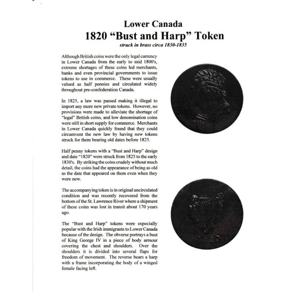 1820 Lower Canada  Bust & Harp  Token - c.1830-1835 with information sheet Supply