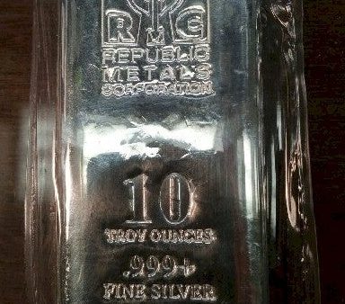 RMC Metals 10oz. .999 Fine Silver Bar (No Tax) Lightly Toned Hot on Sale