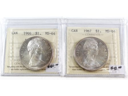 1966 & 1967 Canada Silver Dollars ICCS Certified MS-64 (toned). 2pcs Cheap