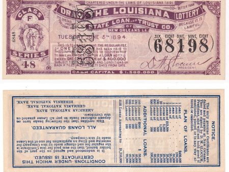 Original 1894 Louisiana Lottery Ticket Class F Series Fashion