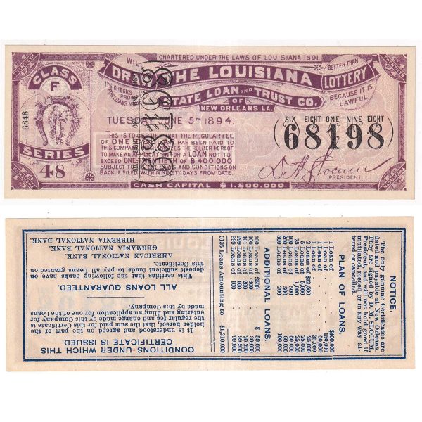 Original 1894 Louisiana Lottery Ticket Class F Series Fashion