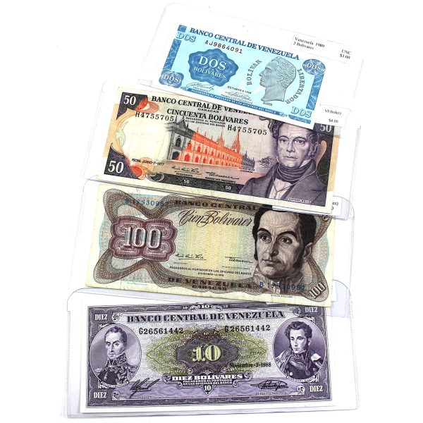 Lot of 4x Venezuela 1977-1989 2, 10, 50 & 100 Bolivares Notes, VF (holes) or UNC, 4Pcs Online Hot Sale