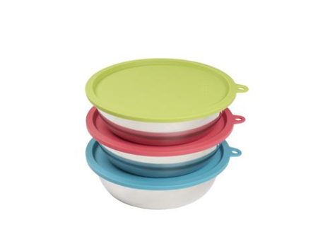 Messy Mutts 6pc Set with Three Stainless Steel Bowls and Three Silicone Lids Cheap