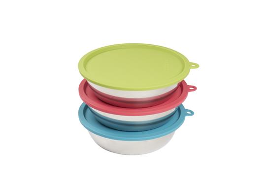 Messy Mutts 6pc Set with Three Stainless Steel Bowls and Three Silicone Lids Cheap